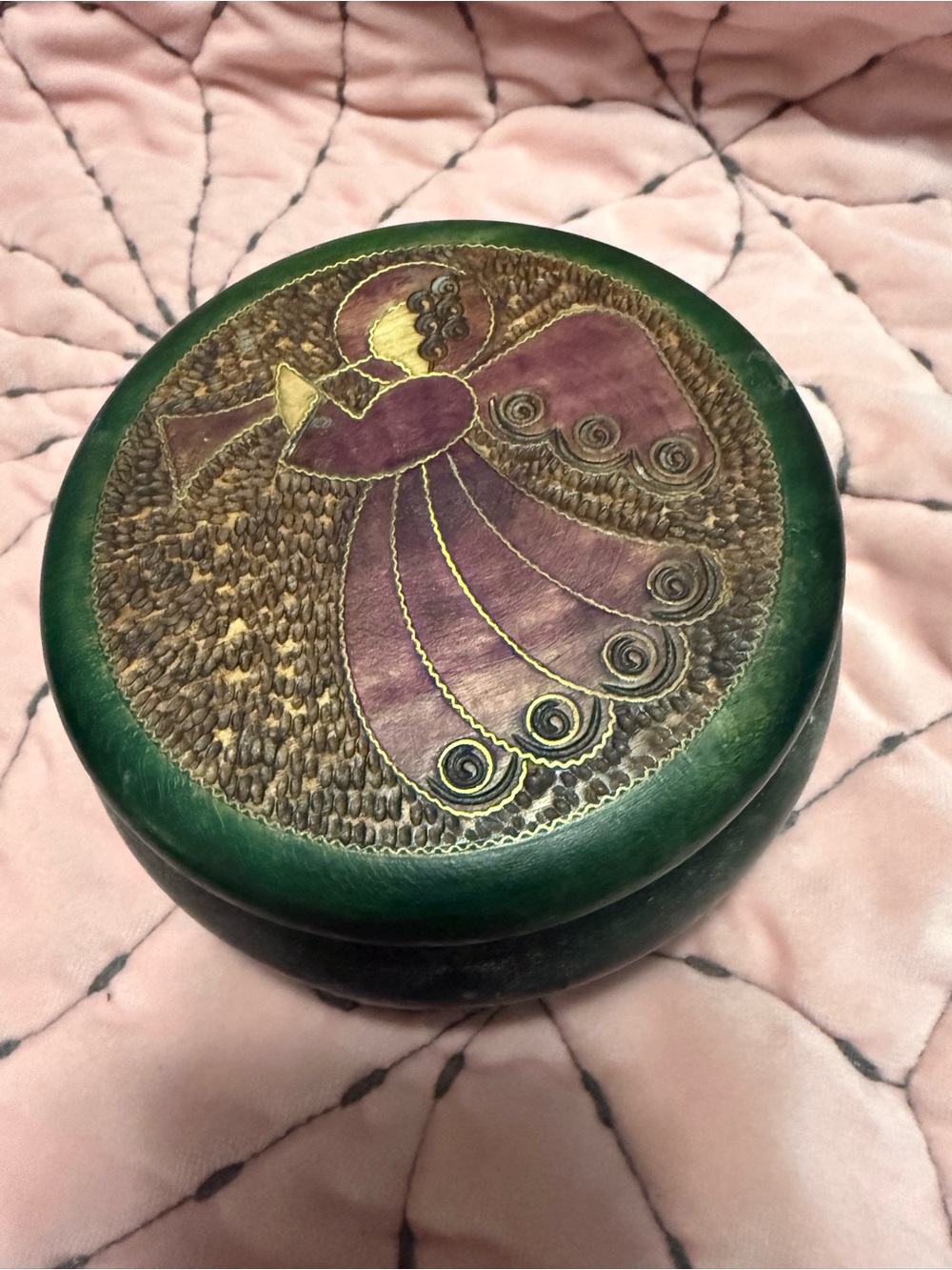 Source Unknown Green and Purple Embossed Angel Trinket Box